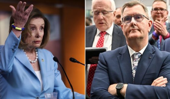 The UK's Democratic Unionist Party leader Sir Jeffrey Donaldson, right, chided House Speaker Nancy Pelosi for her 'entirely unhelpful' remarks made in a statement regarding Northern Ireland.
