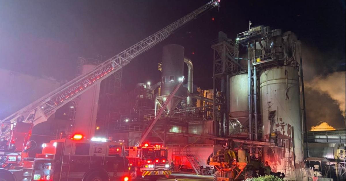 On Saturday, Chesapeake firefighters battled an industrial fire at Perdue Farms - in the large soybean processing tank - in South Norfolk, Virginia.