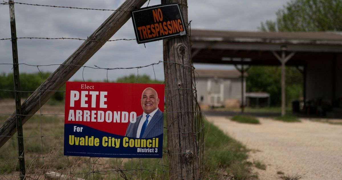 A campaign sign for Pete Arredondo, chief of police for the Uvalde Consolidated Independent School District, is seen in Uvalde, Texas, on Monday.