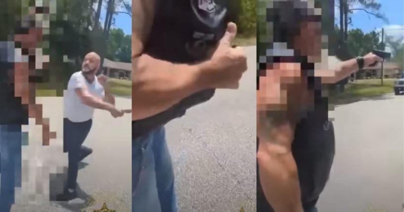 A composite image shows a confrontation between two armed motorists in Flagler County, Florida.
