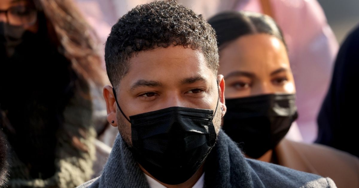 Actor Jussie Smollett arrives at the Leighton Criminal Courts Building in Chicago, Illinois, for day seven of his trial on Dec. 8, 2021.