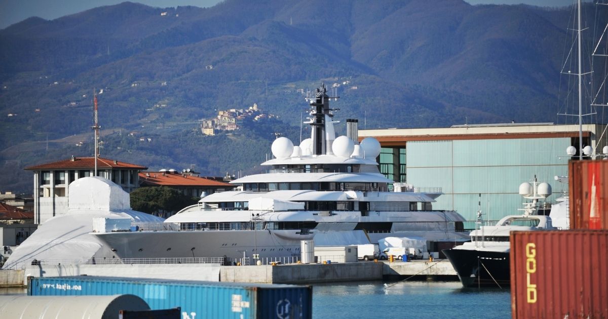 The Scheherazade superyacht is seen moored in the port of Marina di Carrara in Carrara, Italy on March 23.