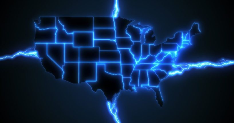 A map of the United States features blue electrical charges to illustrate the power grid.