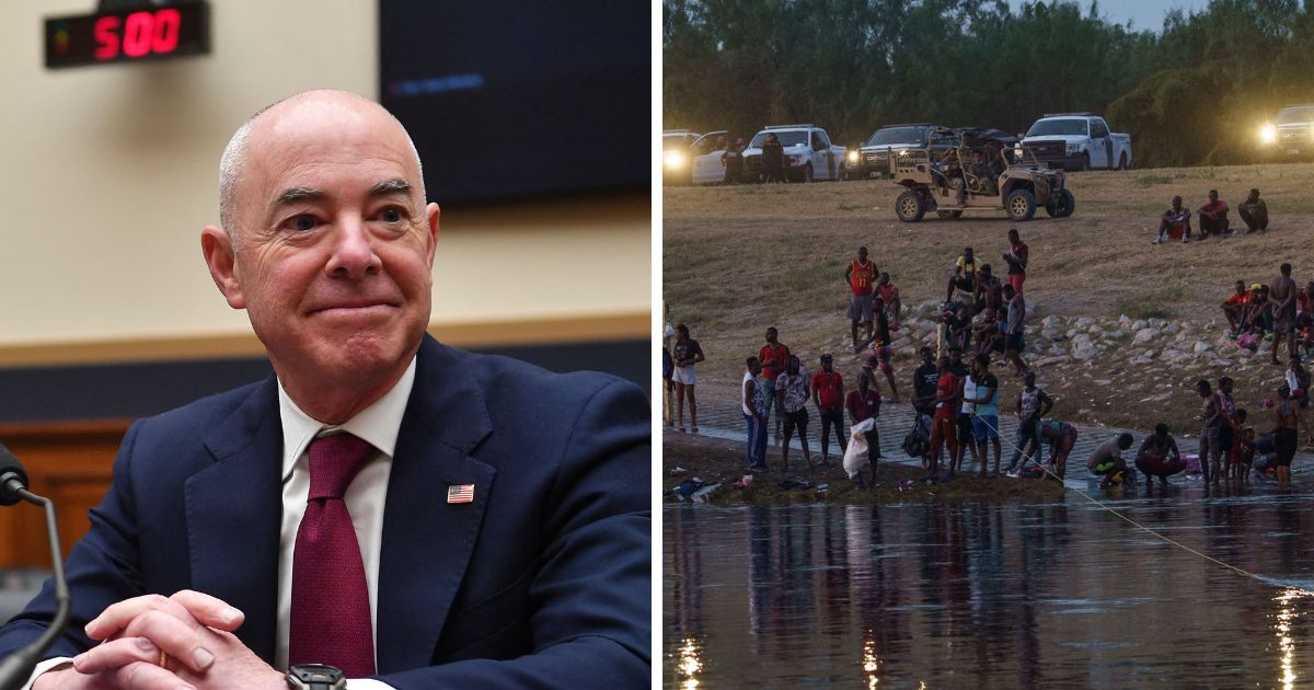 Department of Homeland Security Secretary Alejandro Mayorkas, left; illegal immigrants at the southern border in September, right.
