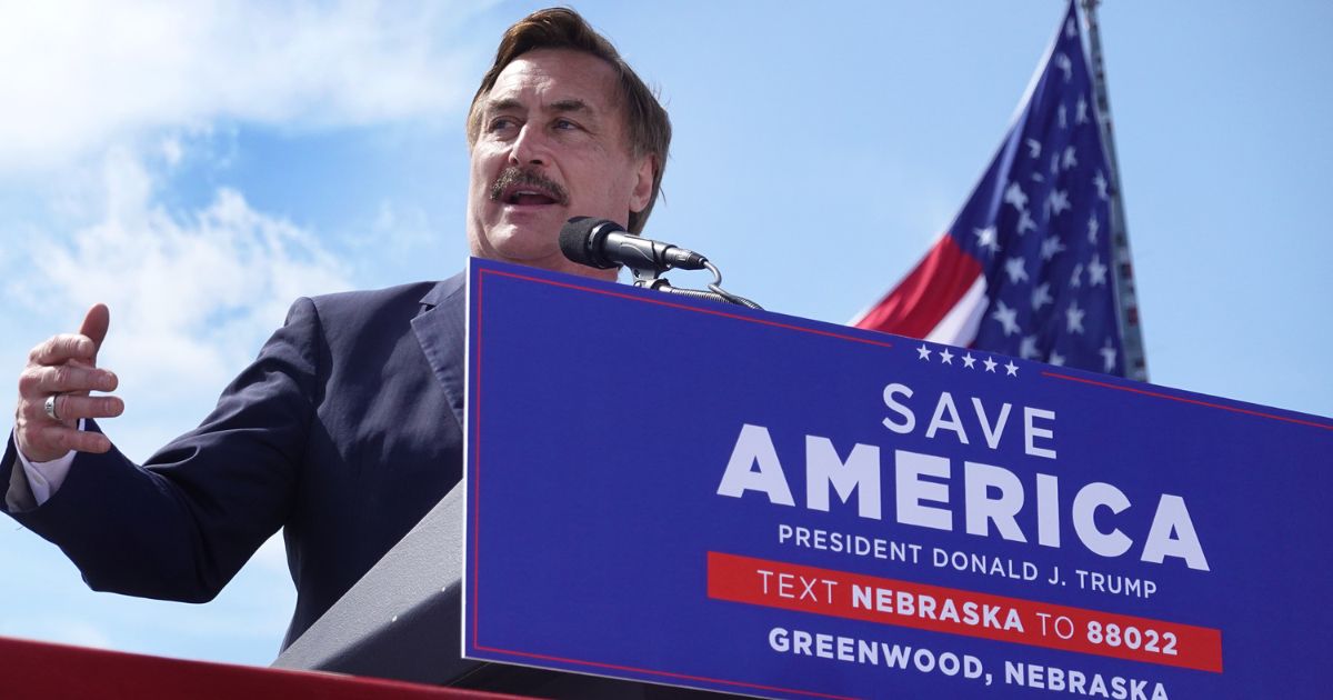 My Pillow CEO Mike Lindell speaks at a rally hosted by former President Donald Trump Saturday at the I-80 Speedway in Greenwood, Nebraska.