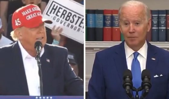 Former President Donald Trump speaking to a rally in Nebraska, left; President Joe Biden speaking at the White House, right.