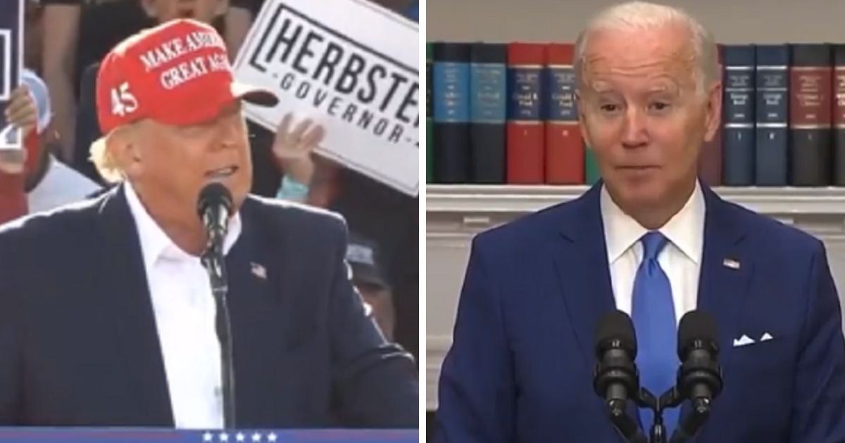 Former President Donald Trump speaking to a rally in Nebraska, left; President Joe Biden speaking at the White House, right.