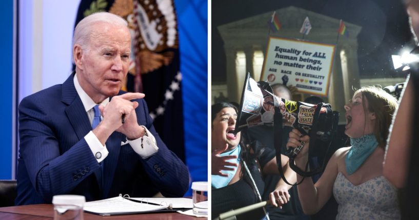 President Joe Biden, left; demonstrators outside the Supreme Court, right.