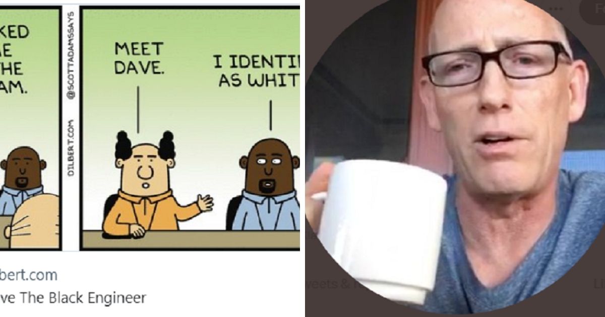 Scott Adams with a portion of a current "Dilbert" comic strip.
