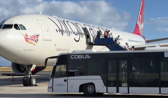 A Virgin Atlantic airplane is seen on the tarmac at Barbados Grantley Adams International Airport in Christ Church on Jan. 28, 2022. Virgin Atlantic had a problem in a different plane on Monday.
