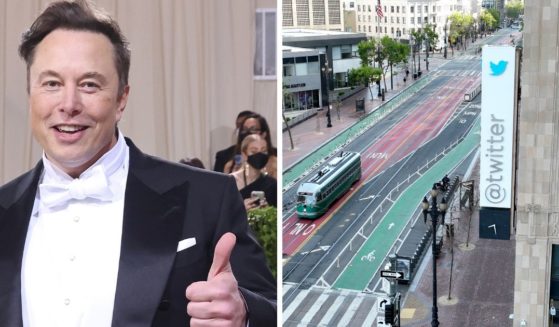 Elon Musk at the Met Gala, left; Twitter headquarters in San Francisco, right.