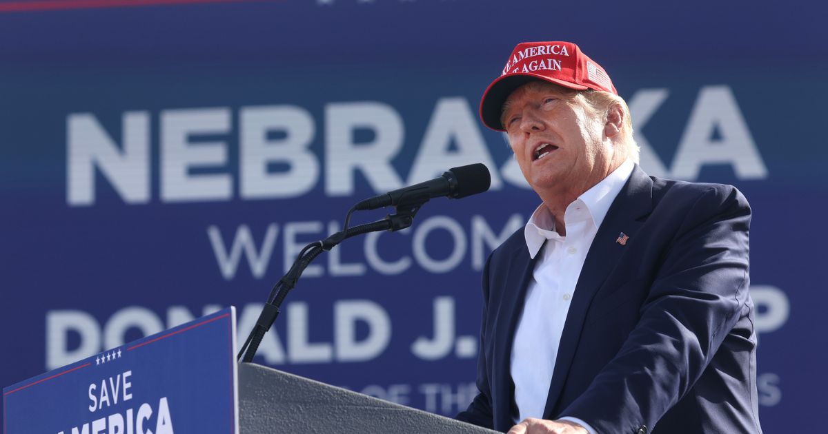 Former President Donald Trump speaks to supporters during a May 1 rally in Greenwood, Nebraska.