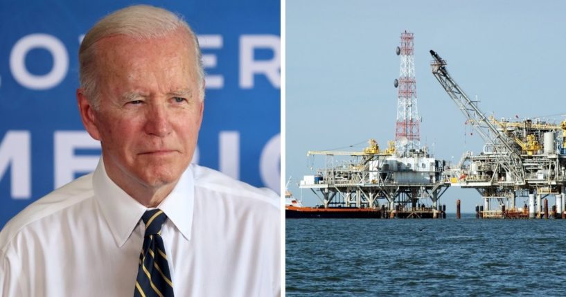 President Joe Biden, left; a Gulf of Mexico oil rig, right.