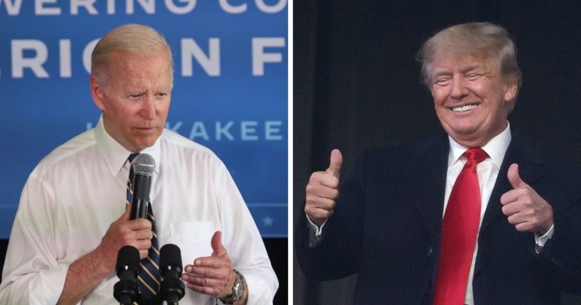 President Joe Biden speaks into a microphone, left; former President Donald Trump give the two thumbs up sign, right.