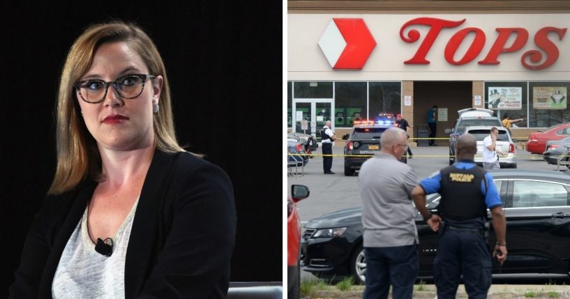 Commentator S.E. Cubb, left; a scene from outside Saturday's grocery store shooting in Buffalo, right.