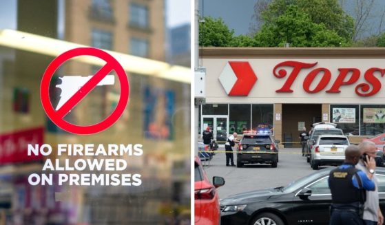A "no firearms allowed" sign on a door, left; right, the scene outside the grocery store in Buffalo, where 10 people were killed on Saturday.