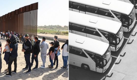 Illegal immigrants crowd a gap in the border wall separating the U.S. from Mexico on May 20, left. Right, buses in a stock photo.
