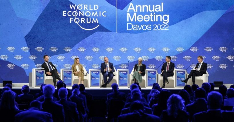 Dutch Prime Minister Mark Rutte, European Parliament President Roberta Metsola, Irish Prime Minister Micheal Martin, European Central Bank president Christine Lagarde, Slovakian Prime Minister Eduard Heger and World Economic Forum president Borge Brende attend a session at the WEF's annual meeting in Davos, Switzerland, on Wednesday.