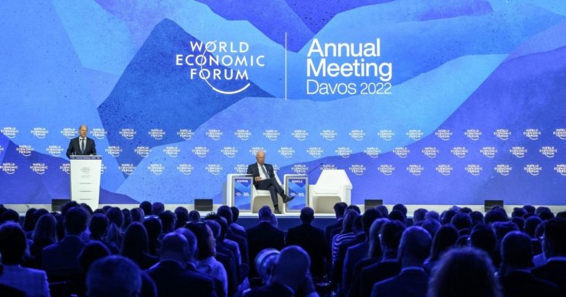 German Chancellor Olaf Scholz addresses the assembly during the World Economic Forum's annual meeting in Davos, Switzerland, on Thursday.