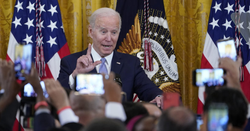 President Joe Biden speaks in the East Room of the White House in Washington, D.C., on May 2.
