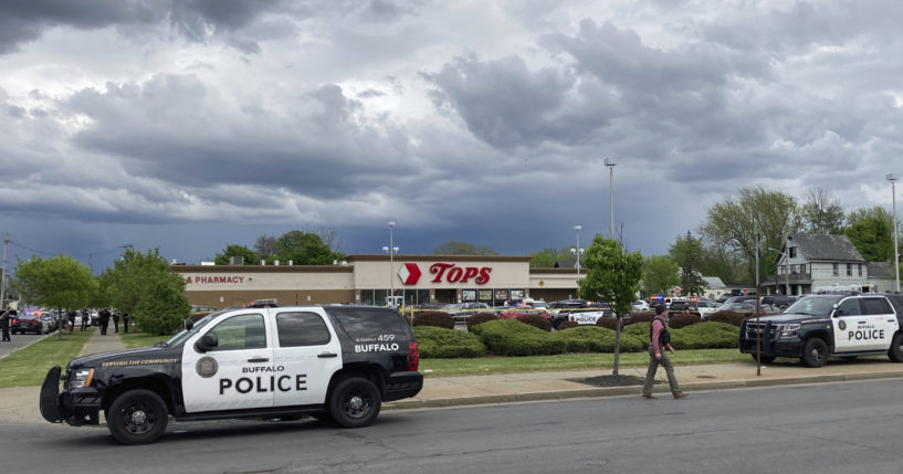 Police respond to a shooting at a supermarket in Buffalo, New York, on Saturday.