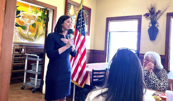 Alabama Republican U.S. Senate candidate Katie Britt speaks to a GOP club meeting in Opelika on Monday.