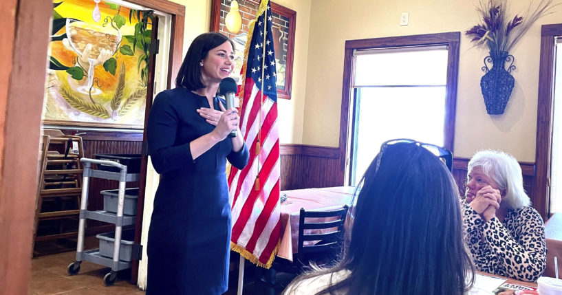 Alabama Republican U.S. Senate candidate Katie Britt speaks to a GOP club meeting in Opelika on Monday.