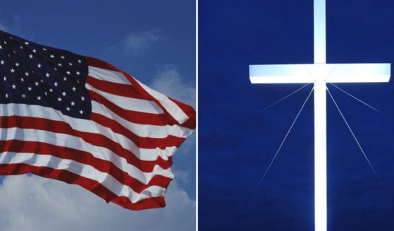 Right: An American flag flies against a blue sky; left: a monumental cross is illuminated during dusk.