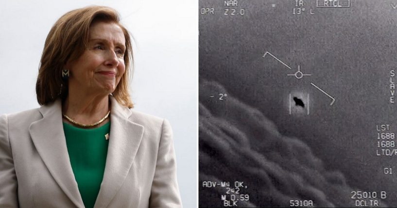 Nancy Pelosi, left; screen image from the Defense Department of an "unidentified aerial phenomenon" right.
