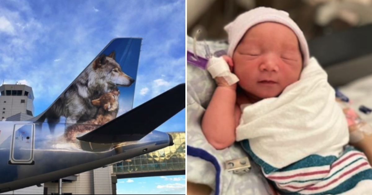 On a Frontier Airlines plane, left, traveling from Denver to Orlando, Shakeria Martin went into labor early and gave birth to her daughter, right.