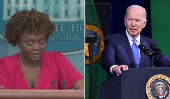 White House press secretary Karine Jean-Pierre, left, leans heavily on her notes during a news briefing Monday. President Joe Biden, right, reads from a teleprompter during an April 22 speech in Auburn, Washington.