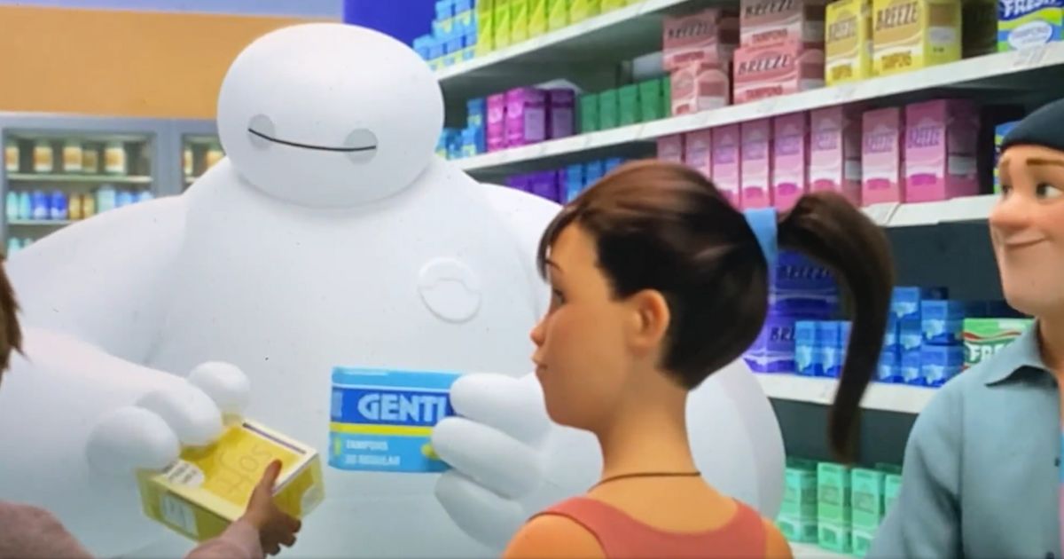 A clip from the news Disney+ series "Baymax" shows the robot getting advice on period products.