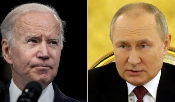 At left, President Joe Biden speaks in the South Court Auditorium of the White House campus in Washington on May 10. At right, Russian President Vladimir Putin speaks at the Grand Kremlin Palace in Moscow on May 16.