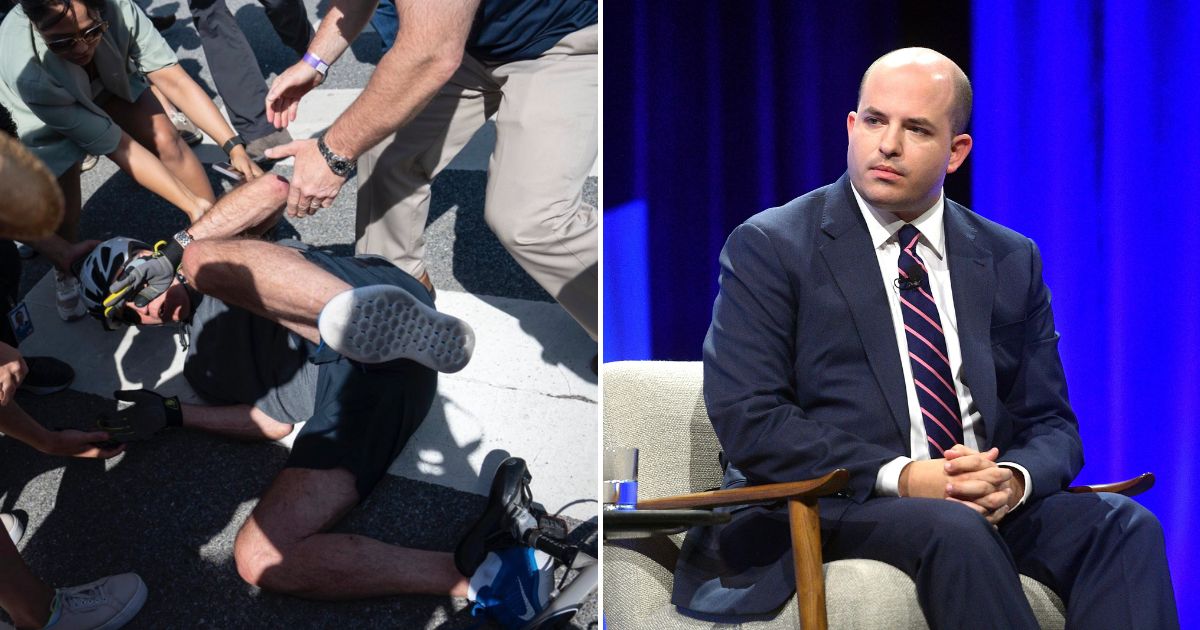 President Joe Biden is seen on the groud after falling off his bicycle. Brian Stelter speaks on stage.