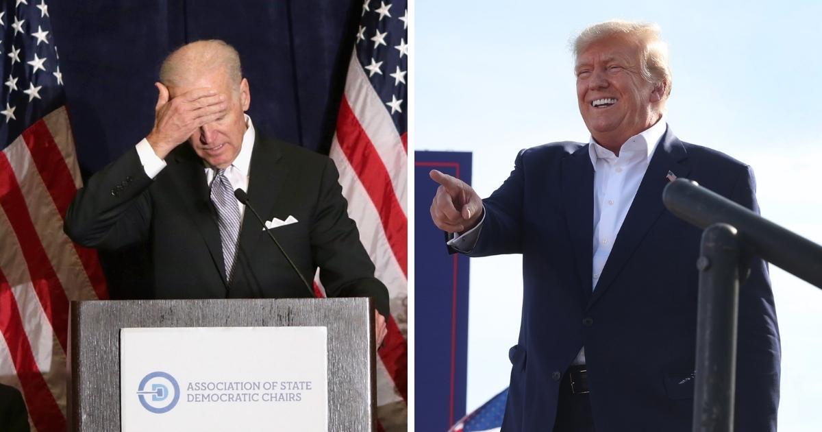 Then-Vice President Joe Biden, left, delivers remarks to the Democratic National Committee on Feb. 27, 2014, in Washington, D.C. Former President Donald Trump arrives at a rally in Greenwood, Nebraska, on May 1