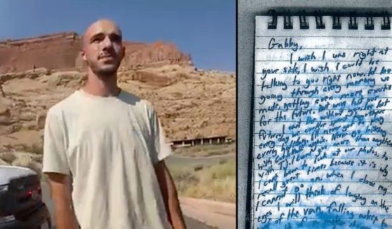 The photo on the left shows Brian Laundrie talking to a police officer near the entrance to Arches National Park in Utah. Laundrie confessed to the murder of his girlfriend Gabby Petito in a note written in the notebook on the right.