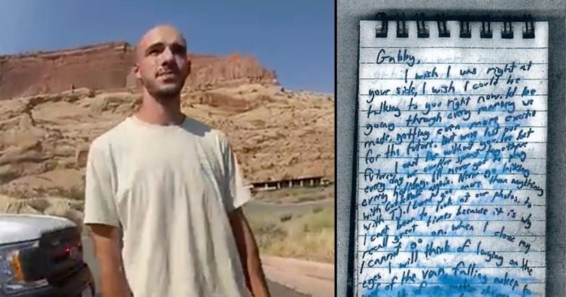 The photo on the left shows Brian Laundrie talking to a police officer near the entrance to Arches National Park in Utah. Laundrie confessed to the murder of his girlfriend Gabby Petito in a note written in the notebook on the right.