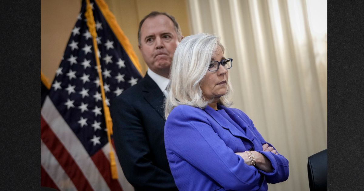 Anti-Trump Republicans Rep. Adam Schiff of California and Rep. Liz Cheney of Wyoming look on during a break in a hearing of the Select Committee to Investigate the January 6th Attack on the U.S. Capitol in the Washington Thursday.