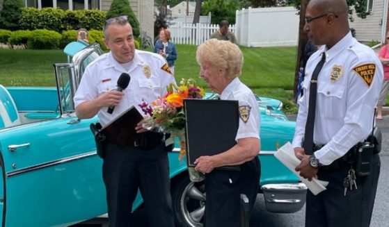 The Cherry Hill Police Department in New Jersey honors retiring crossing guard Claire Bauman.