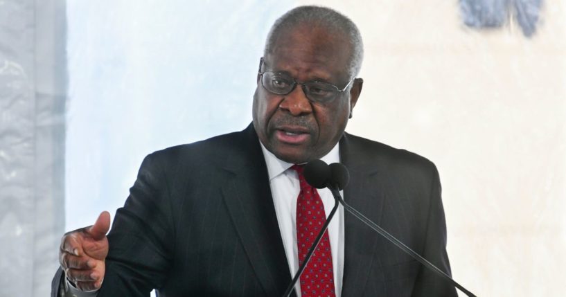Supreme Court Justice Clarence Thomas speaks during the dedication of the Nathan Deal Judicial Center in Atlanta on Feb. 11, 2020.