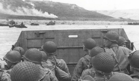 American troops are photographed in a landing craft in northern France during the D-day invasion on June 6, 1944.