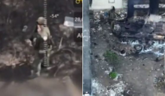 A Russian soldier apparently spots a drone and flips it off, left. Later, that same location is seen after bombs are dropped.