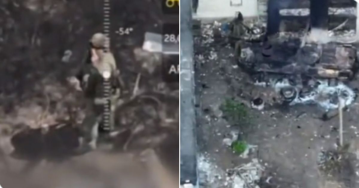A Russian soldier apparently spots a drone and flips it off, left. Later, that same location is seen after bombs are dropped.