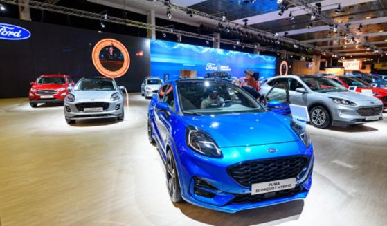 Ford displays their line of electric vehicles at the Brussels Expo on January 9, 2020, in Brussels, Belgium.