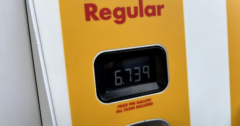A gas pump at a Shell station shows a price per gallon of nearly $7 in Lafayette, California, on Sunday.