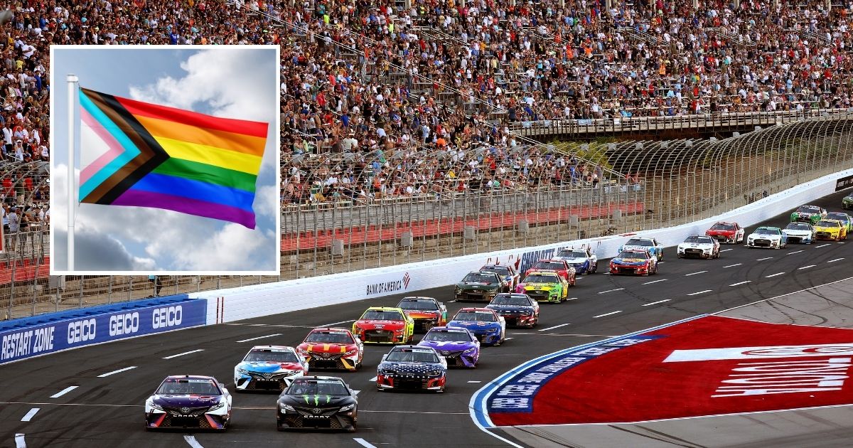 Denny Hamlin, driver of the FedEx Ground Toyota, and Kurt Busch, driver of the Monster Energy Toyota, lead the field during the NASCAR Cup Series Coca-Cola 600 at Charlotte Motor Speedway in Concord, North Carolina, on Sunday. Inset: An LGBT rainbow flag waves in the wind.