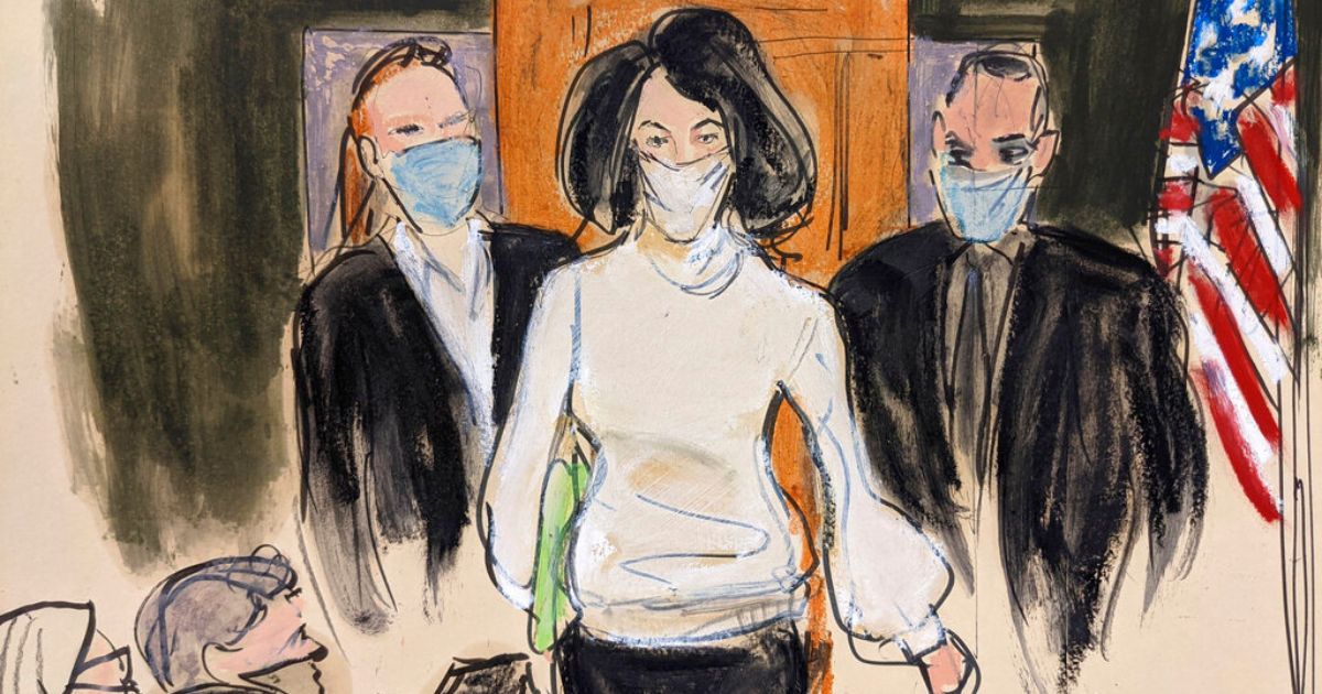 A court sketch from Nov. 29, 2021, shows Ghislaine Maxwell entering a courtroom at the beginning of her trial in New York.