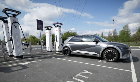 A Hyundai Ioniq charges at an Ionity GmbH electric car charging station in Leeds, England, on April 26.