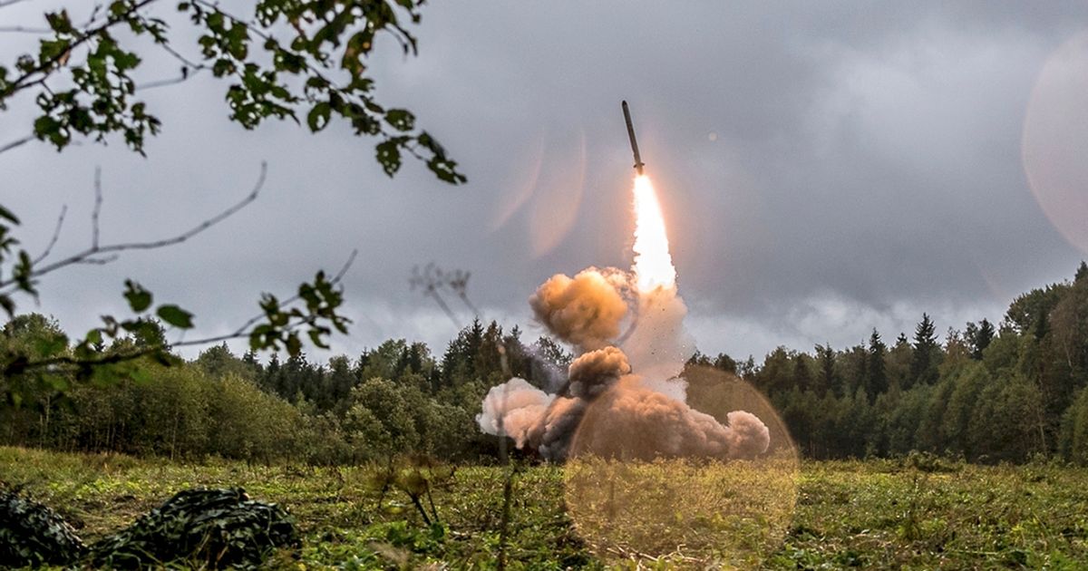 A Russian Iskander missile is launched during a military exercise at a training ground at the Luzhsky Range, near St. Petersburg, Russia, on Sept. 19, 2017.