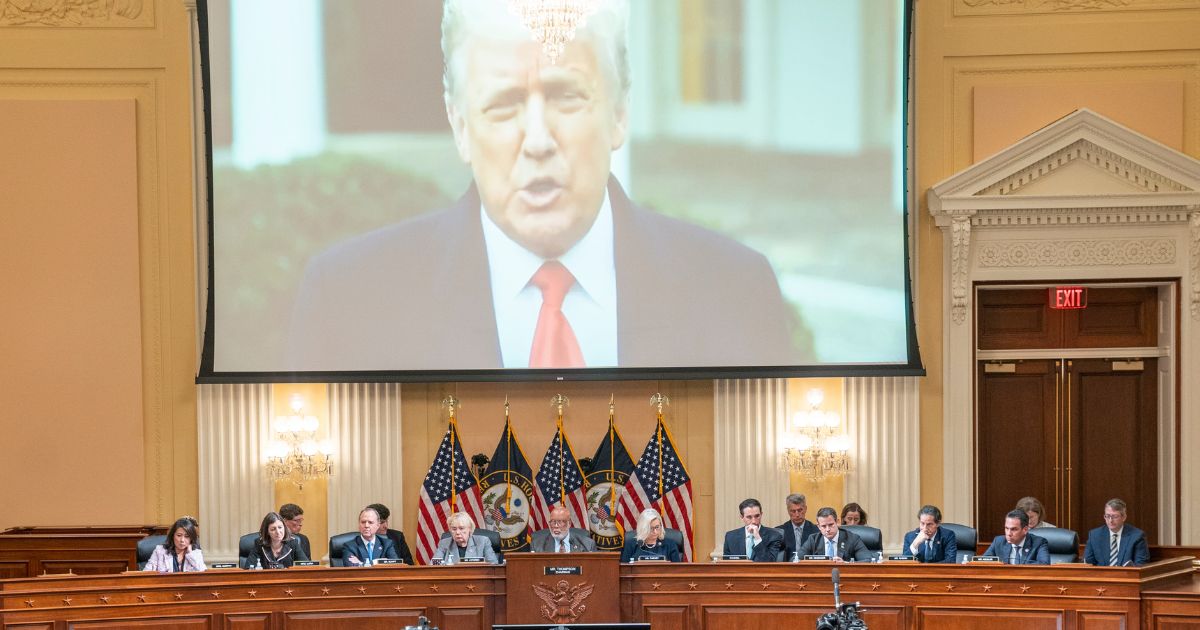 On Tuesday, the Select Committee to Investigate the January 6th Attack on the U.S. Capitol watches a video of then-President Donald Trump during the testimony of Cassidy Hutchinson, former aide to Trump White House Chief of Staff Mark Meadows.